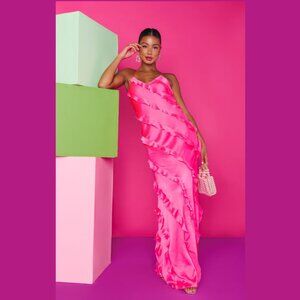 Show Me Your Mumu Romance Ruffle Dress in Vivid Pink Luxe Satin